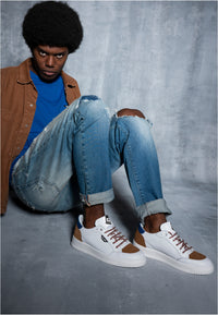 Sneakers Pelle Bianca e cuoio- D-310