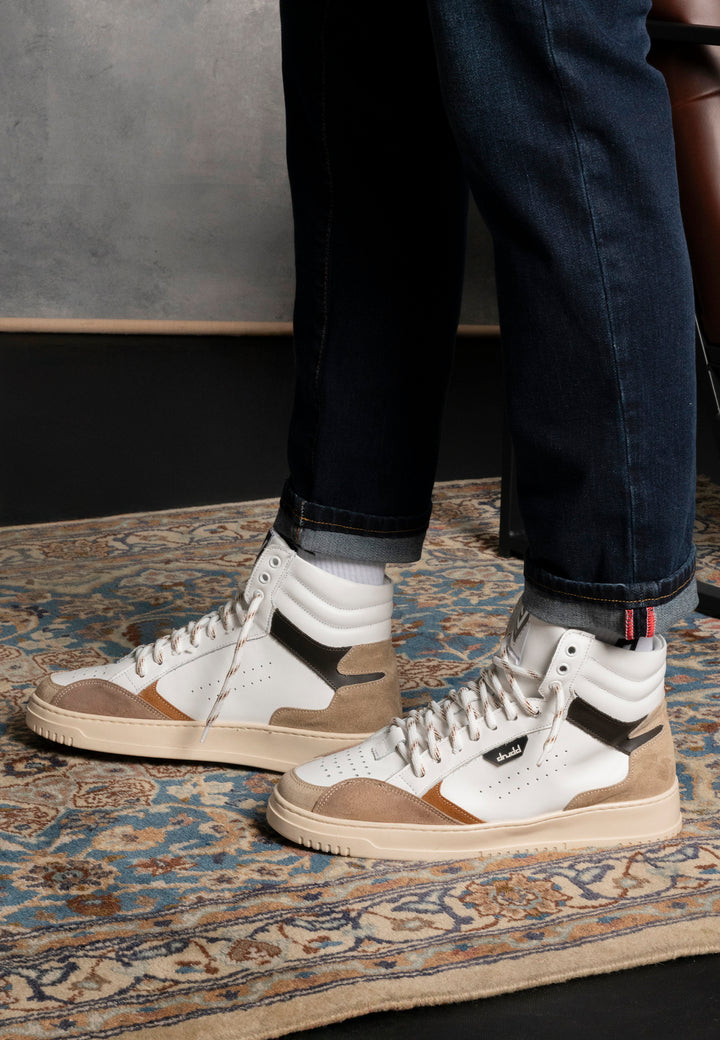 Sneakers alta in pelle  bianca e camoscio cuoio - D-Forest