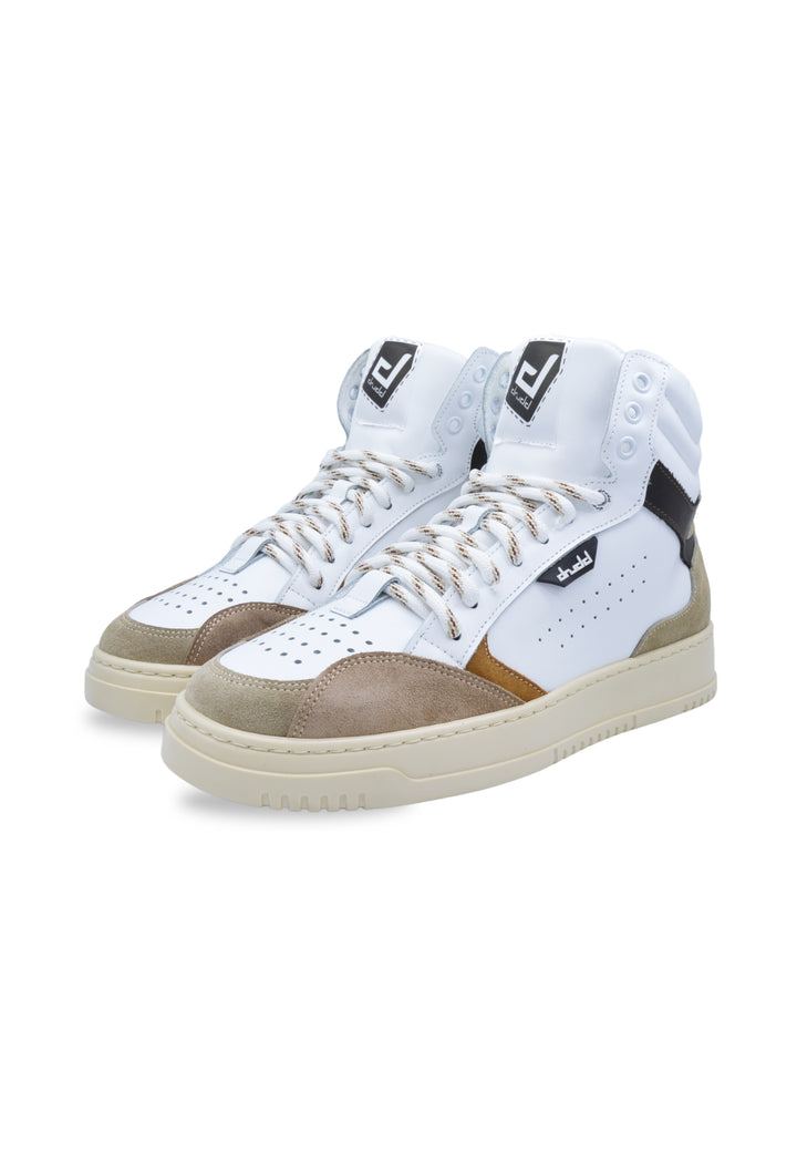 Sneakers alta in pelle  bianca e camoscio cuoio - D-Mark Forest
