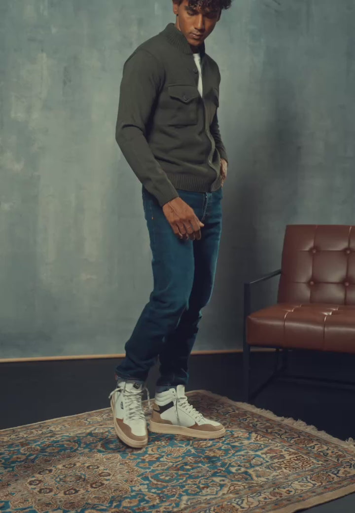 Sneakers alta in pelle  bianca e camoscio cuoio - D-Forest